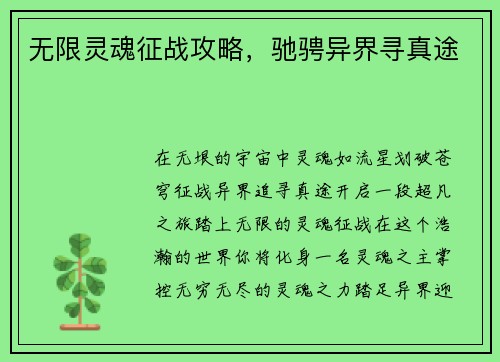 无限灵魂征战攻略，驰骋异界寻真途